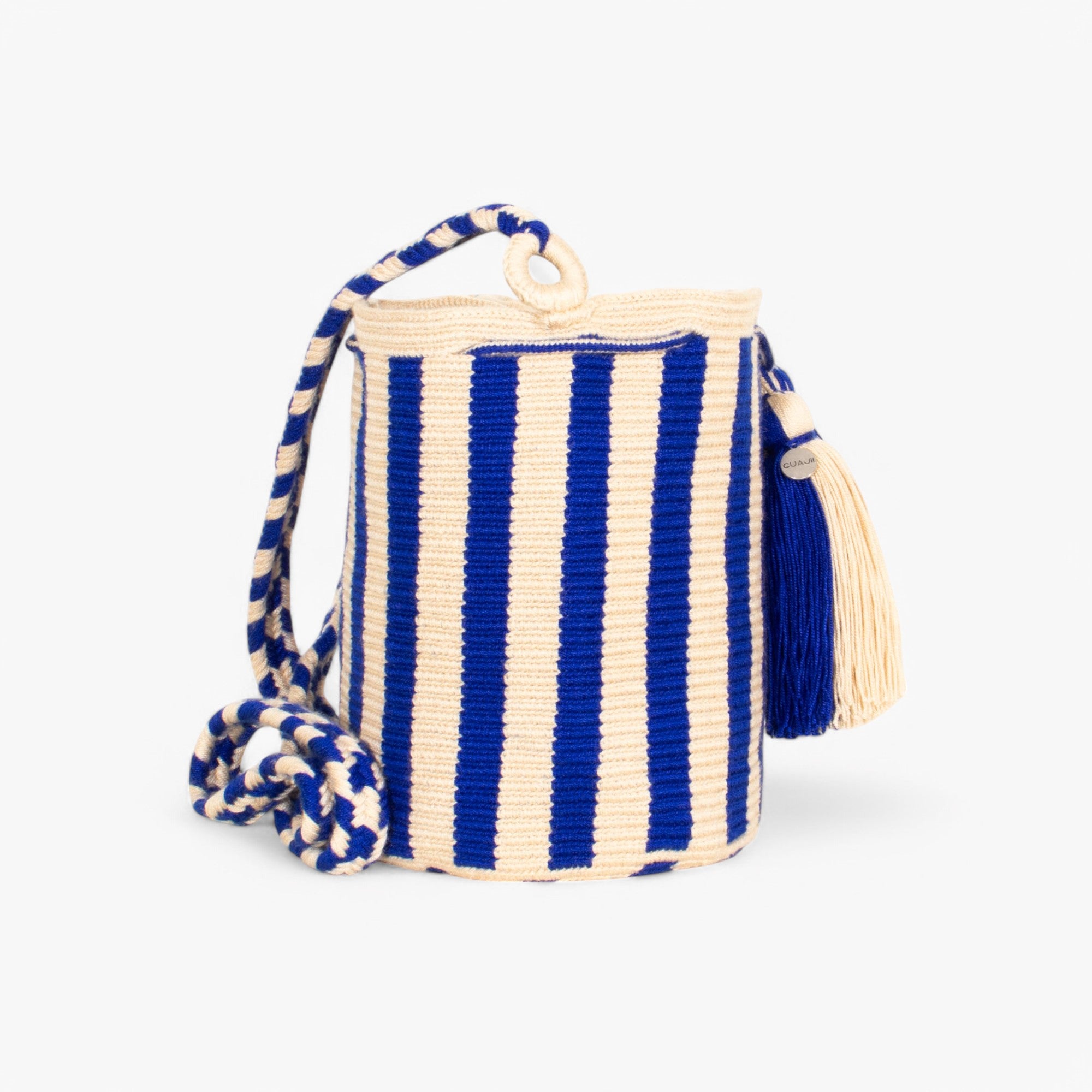 Gaia for J.Crew Pom Pom Bag Purse store Crossbody Stripe Handmade Blue